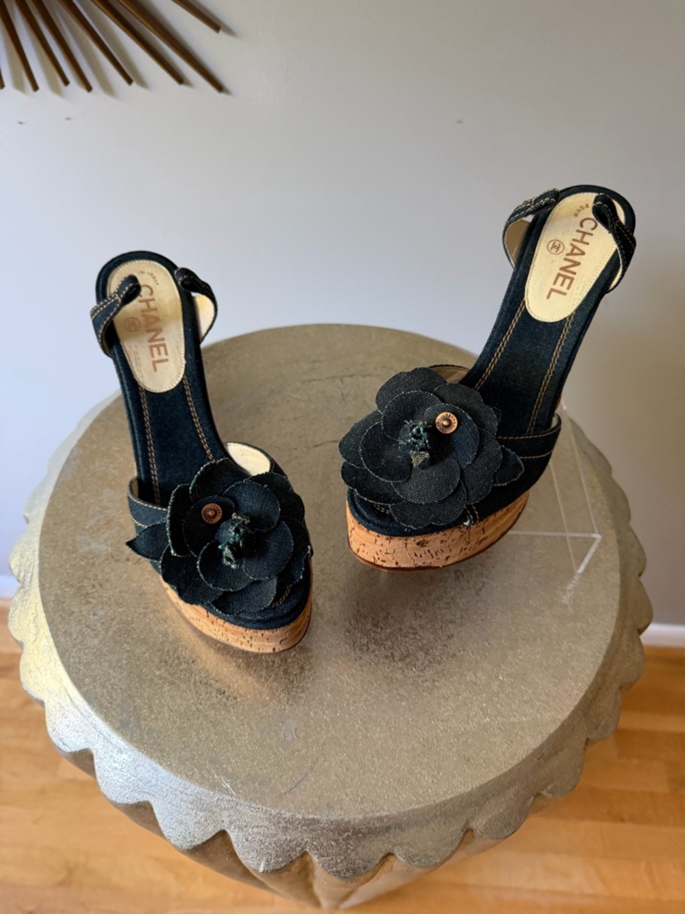 CHANEL - Blue Denim Camellia Cork Platform Slingback Wedges - Picture 2 of 11